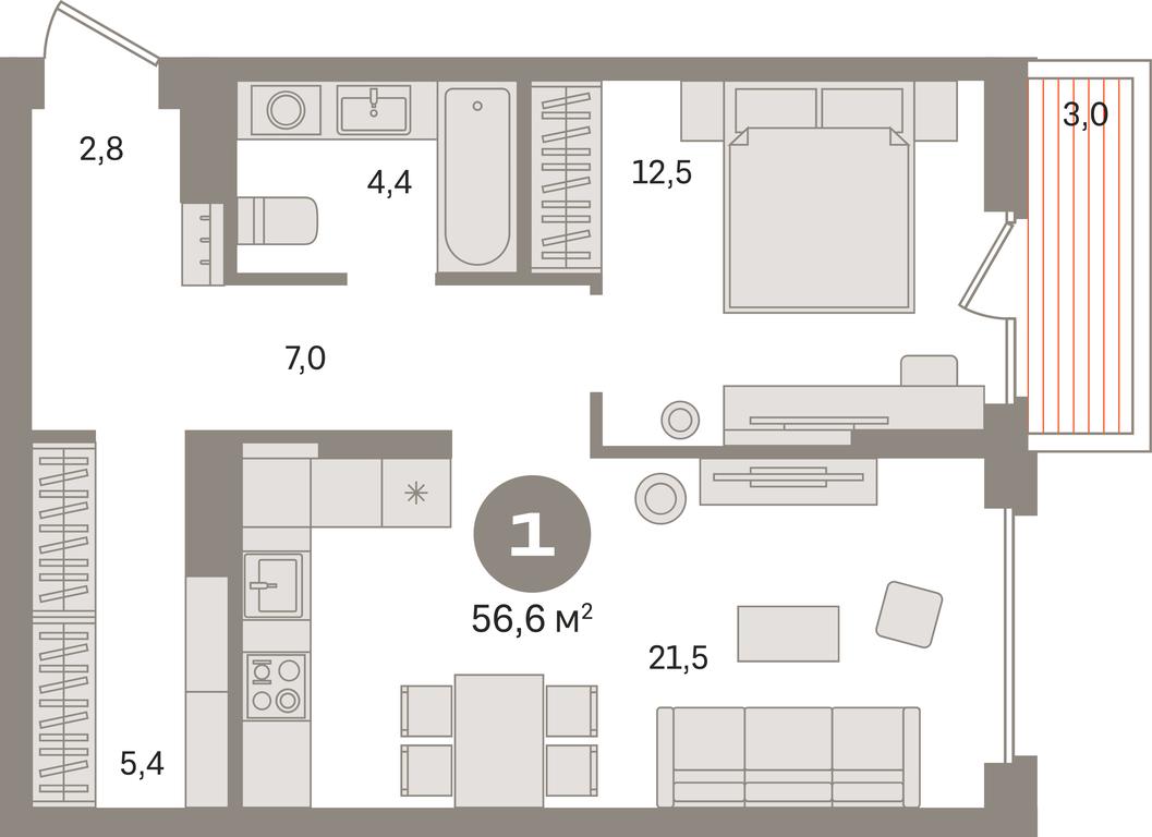 1-BD Apartment Sale, 56.6 sq. m. at Pervy kvartal, Kalinovaya ulitsa, derevnya Sapronovo, Leninskiy City District, Moscow Region, Russia #1