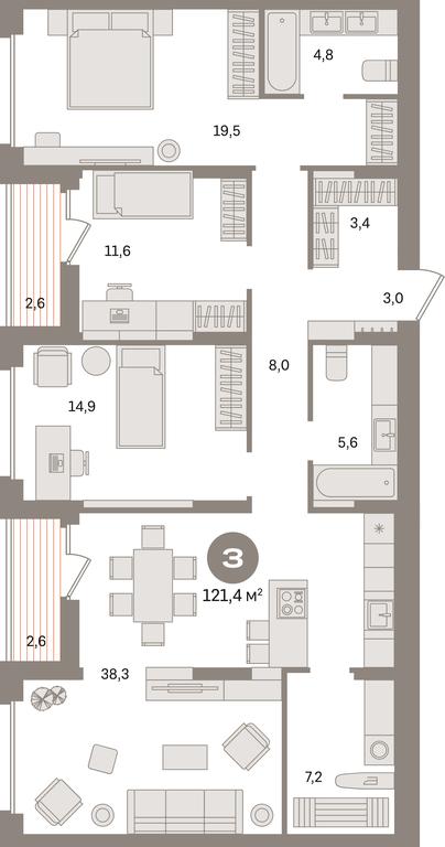 3-BD Apartment Sale, 121.4平方米 at Pervy kvartal, Kalinovaya ulitsa, derevnya Sapronovo, Leninskiy City District, Moscow Region, Russia #1