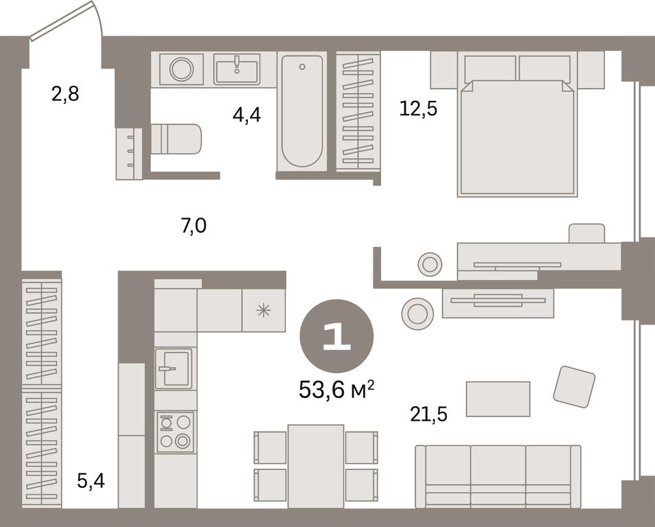 1-BD Apartment Sale, 53.6平方米 at Pervy kvartal, Kalinovaya ulitsa, derevnya Sapronovo, Leninskiy City District, Moscow Region, Russia #1