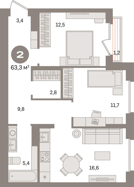 2-BD Apartment Sale, 63.3平方米 at Pervy kvartal, Kalinovaya ulitsa, derevnya Sapronovo, Leninskiy City District, Moscow Region, Russia #1
