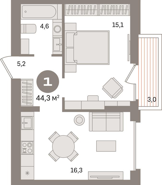 1-BD Apartment Sale, 44.3 sq. m. at Pervy kvartal, Kalinovaya ulitsa, derevnya Sapronovo, Leninskiy City District, Moscow Region, Russia #1