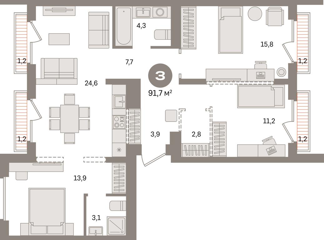 3-BD Apartment Sale, 91.7 sq. m. at Pervy kvartal, Kalinovaya ulitsa, derevnya Sapronovo, Leninskiy City District, Moscow Region, Russia #1