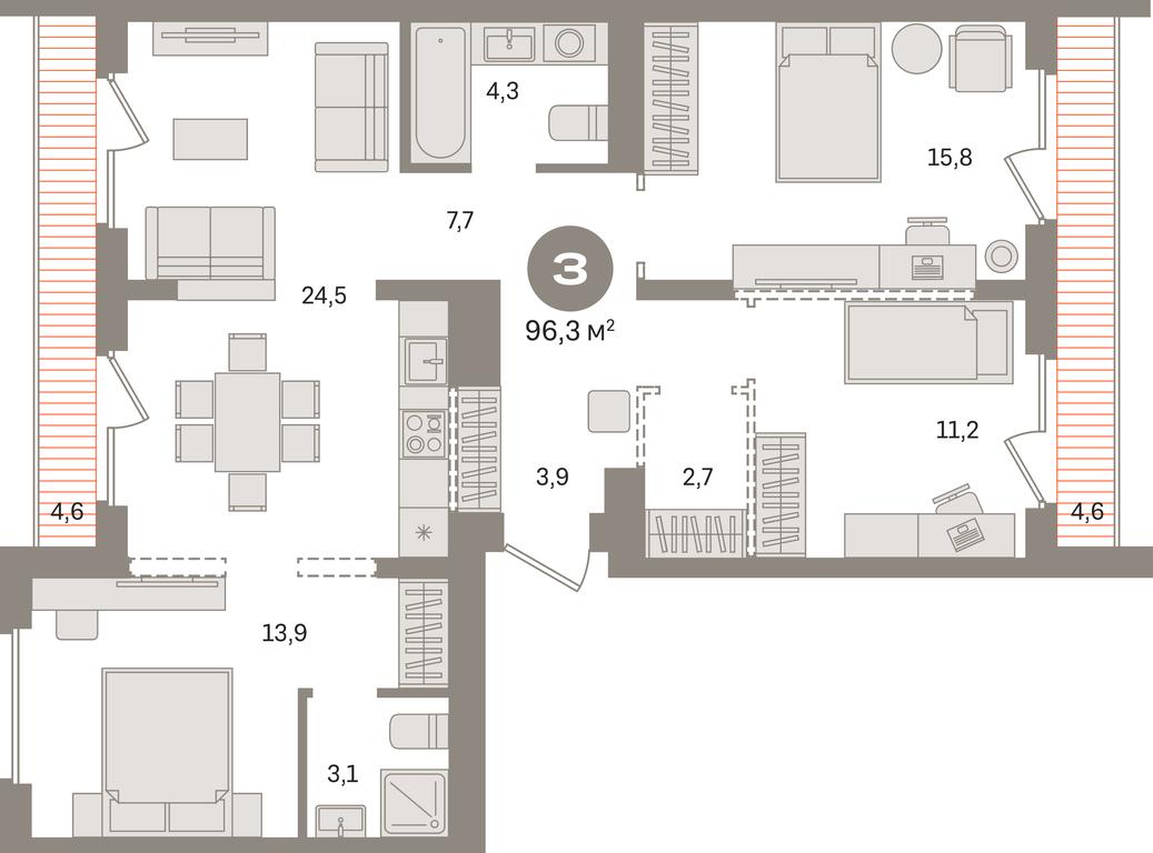 3-BD Apartment Sale, 96.3 sq. m. at Pervy kvartal, Kalinovaya ulitsa, derevnya Sapronovo, Leninskiy City District, Moscow Region, Russia #1