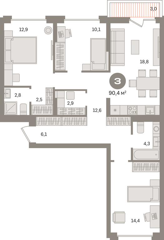3-BD Apartment Sale, 90.4 sq. m. at Pervy kvartal, Kalinovaya ulitsa, derevnya Sapronovo, Leninskiy City District, Moscow Region, Russia #1
