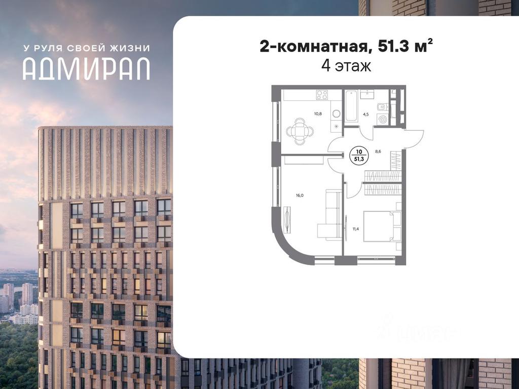 1-BD Apartment Sale, 51.3平方米 at Admiral, Shosseynaya Street, Moscow, Russia #1