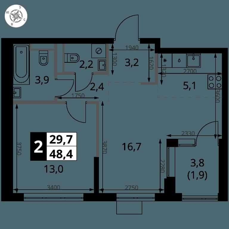 2-BD Apartment Sale, 48.4 sq. m. at 1 Yasenevskij, Kvartal № 24, Mosrentgen Settlement, Moscow, Russia #1 2-BD Apartment Sale, 48.4 sq. m. at 1 Yasenevskij, Kvartal № 24, Mosrentgen Settlement, Moscow, Russia #1