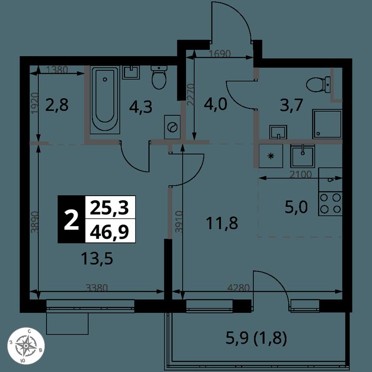 2-BD Apartment Sale, 46.9 sq. m. at 1 Yasenevskij, Kvartal № 24, Mosrentgen Settlement, Moscow, Russia #1