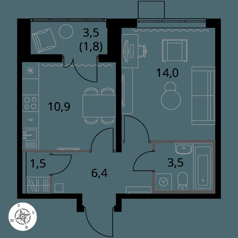 1-BD Apartment Sale, 38.1 sq. m. at Pervy Yuzhny, zhiloy kompleks Pervy Yuzhny, Leninskiy City District, Moscow Region, Russia #1