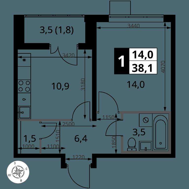 1-BD Apartment Sale, 38.1 sq. m. at Pervy Yuzhny, zhiloy kompleks Pervy Yuzhny, Leninskiy City District, Moscow Region, Russia #2