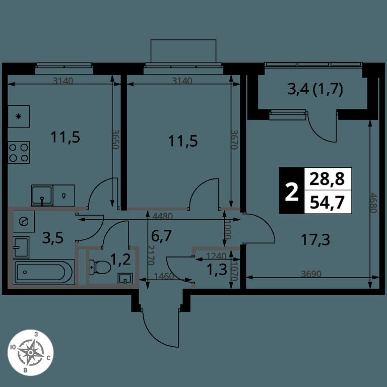 2-BD Apartment Sale, 54.7 sq. m. at 1 Yasenevskij, Kvartal № 24, Mosrentgen Settlement, Moscow, Russia #1