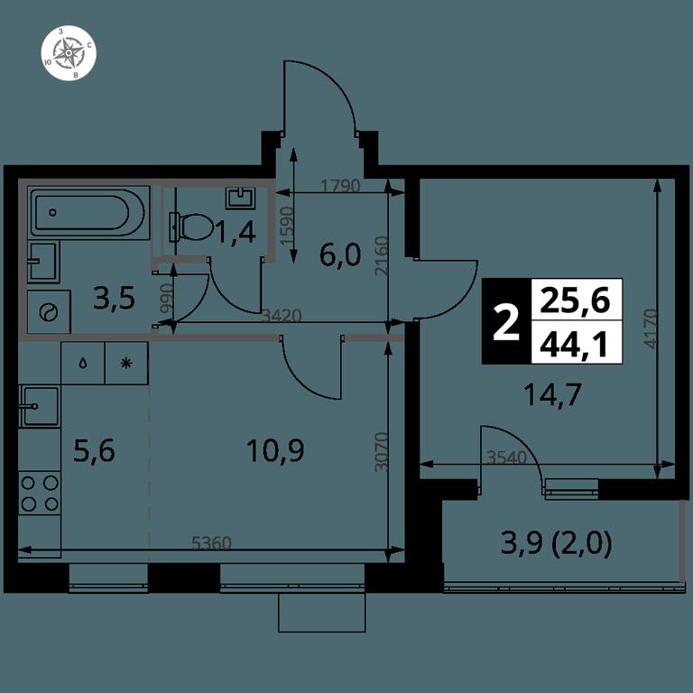 2-BD Apartment Sale, 44.1 sq. m. at Pervy Yuzhny, zhiloy kompleks Pervy Yuzhny, Leninskiy City District, Moscow Region, Russia #1