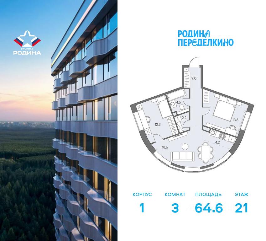 2-BD Apartment Sale, 64.6 sq. m. at Ново-Переделкино, Zapadniy Administrative District, Moscow, Russia #2