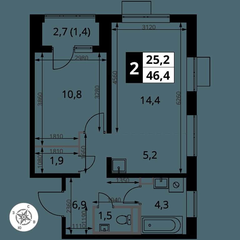 2-BD Apartment Sale, 46.4 sq. m. at Pervy Donskoj, zhiloy mikrorayon Sapronovo, derevnya Sapronovo, Leninskiy City District, Moscow Region, Russia #2
