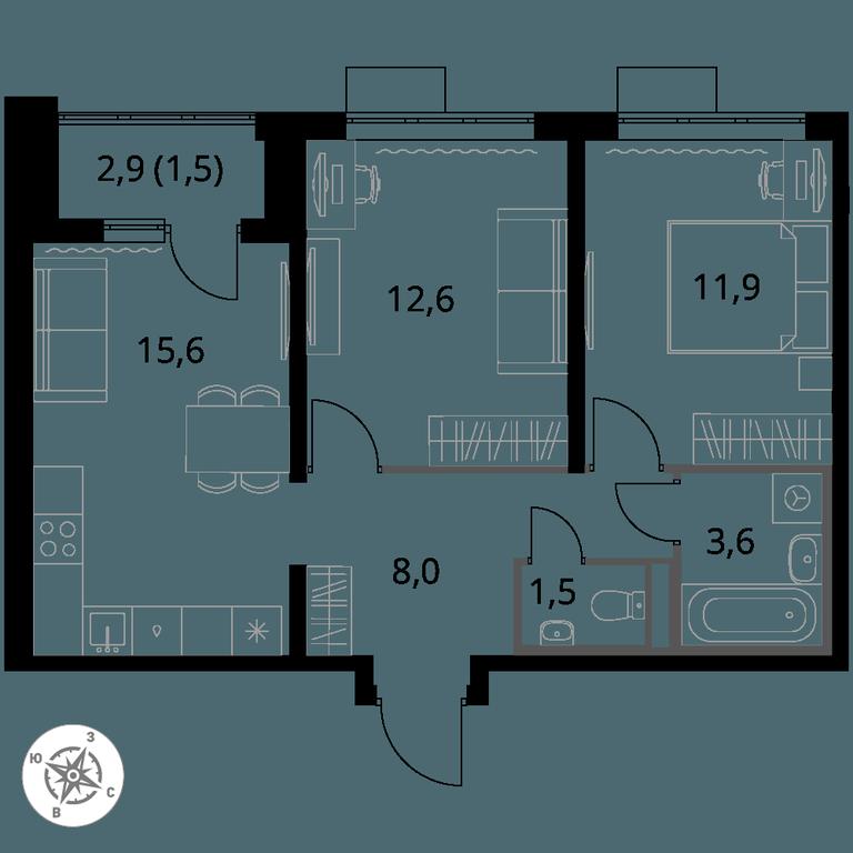 2-BD Apartment Sale, 54.7 sq. m. at Pervy Donskoj, zhiloy mikrorayon Sapronovo, derevnya Sapronovo, Leninskiy City District, Moscow Region, Russia #1