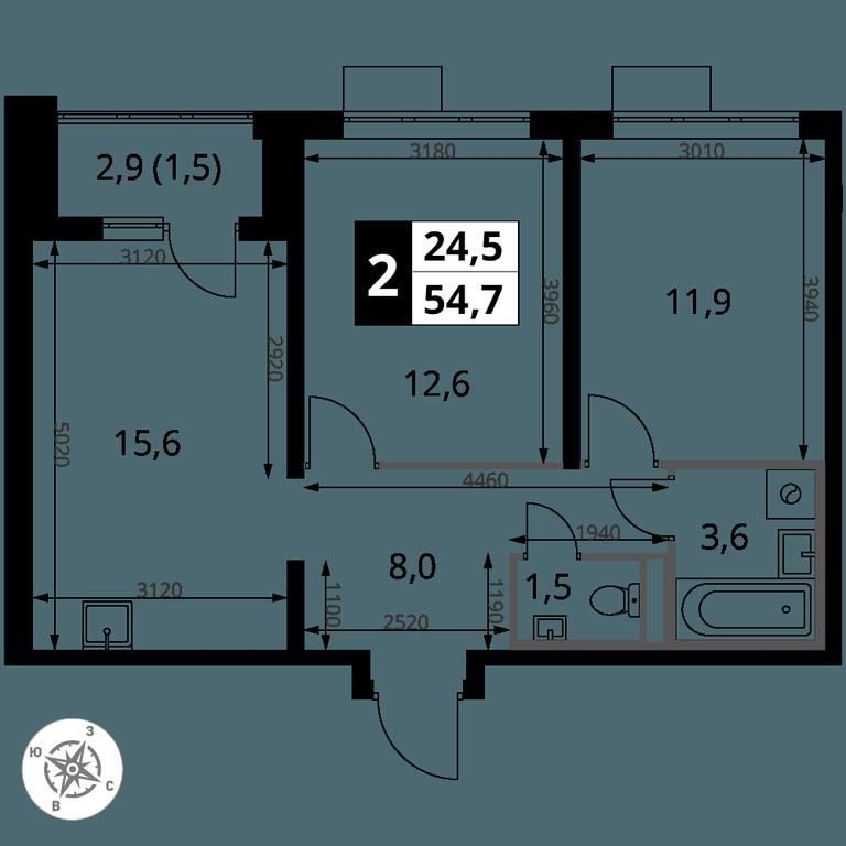 2-BD Apartment Sale, 54.7 sq. m. at Pervy Donskoj, zhiloy mikrorayon Sapronovo, derevnya Sapronovo, Leninskiy City District, Moscow Region, Russia #2
