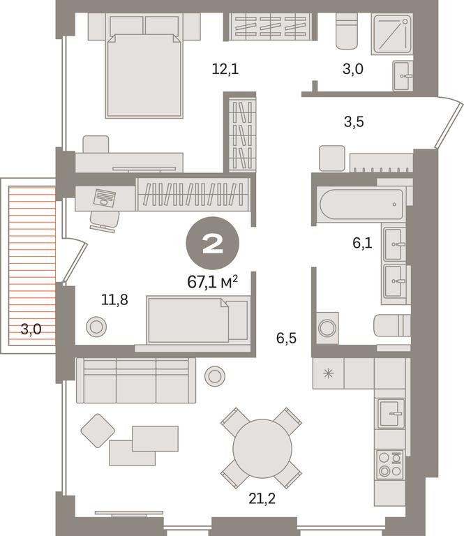 2-BD Apartment Sale, 67.1 sq. m. at Pervy kvartal, Kalinovaya ulitsa, derevnya Sapronovo, Leninskiy City District, Moscow Region, Russia #1