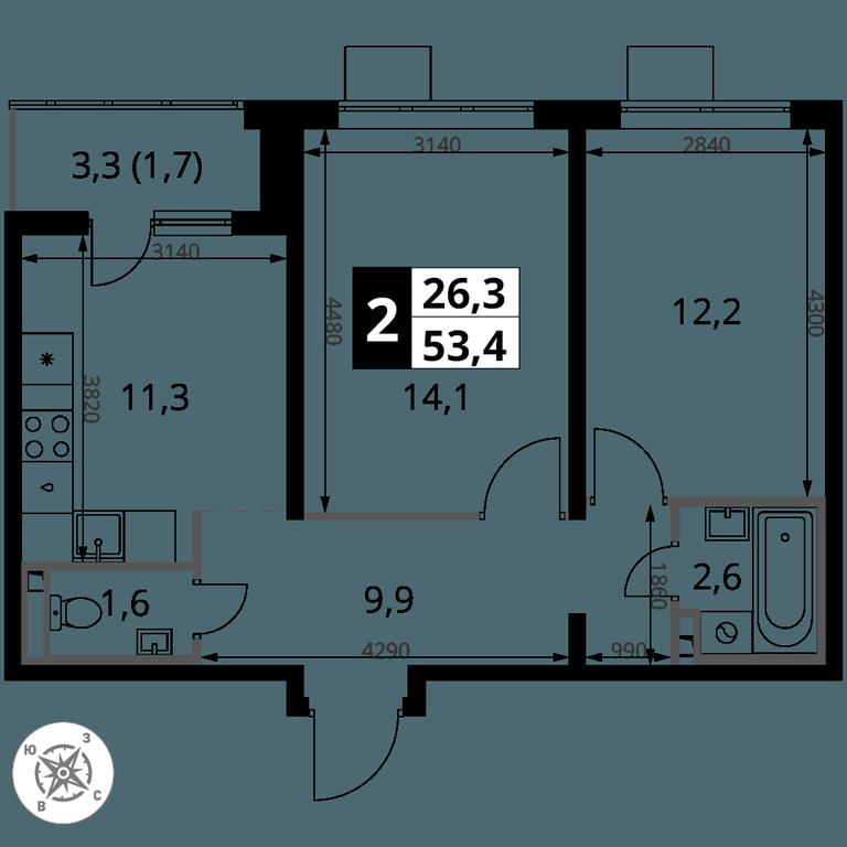 2-BD Apartment Sale, 53.4 sq. m. at Pervy Donskoj, zhiloy mikrorayon Sapronovo, derevnya Sapronovo, Leninskiy City District, Moscow Region, Russia #2
