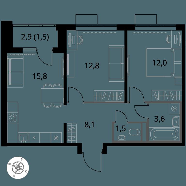 2-BD Apartment Sale, 55.3 sq. m. at Pervy Donskoj, zhiloy mikrorayon Sapronovo, derevnya Sapronovo, Leninskiy City District, Moscow Region, Russia #1