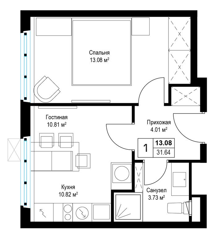 1-BD Apartment Sale, 31.8 sq. m. at Eko Vidnoe 2.0, kvartal Tsentralny, 1, Kupelinka Subdistrict, derevnya Sapronovo, Leninskiy City District, Moscow Region, Russia #1