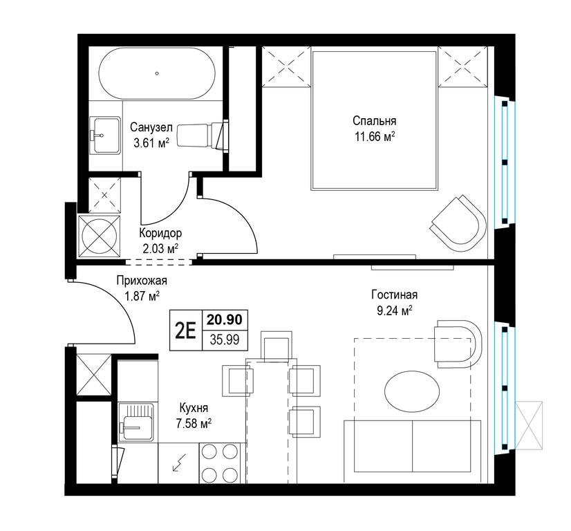 1-BD Apartment Sale, 35.7平方米 at Eko Vidnoe 2.0, kvartal Tsentralny, 1, Kupelinka Subdistrict, derevnya Sapronovo, Leninskiy City District, Moscow Region, Russia #1
