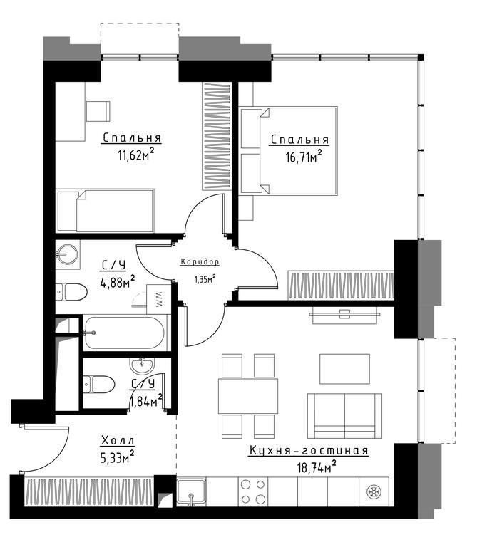 2-BD Apartment Sale, 60.9平方米 at Metropoliya, Volgogradsky Avenue, 32/3к1, Moscow, Russia #1