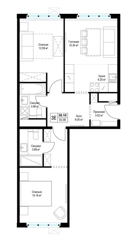 2-BD Apartment Sale, 60.9平方米 at Eko Vidnoe 2.0, kvartal Tsentralny, 1, Kupelinka Subdistrict, derevnya Sapronovo, Leninskiy City District, Moscow Region, Russia #1