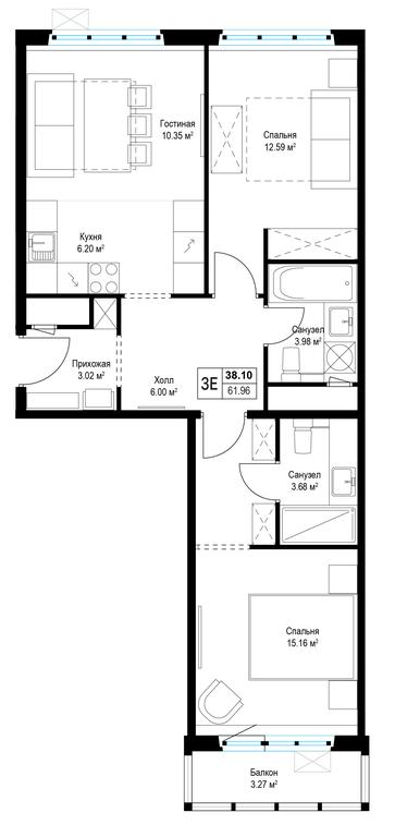 2-BD Apartment Sale, 62.1平方米 at Eko Vidnoe 2.0, kvartal Tsentralny, 1, Kupelinka Subdistrict, derevnya Sapronovo, Leninskiy City District, Moscow Region, Russia #1 2-BD Apartment Sale, 62.1平方米 at Eko Vidnoe 2.0, kvartal Tsentralny, 1, Kupelinka Subdistrict, derevnya Sapronovo, Leninskiy City District, Moscow Region, Russia #1