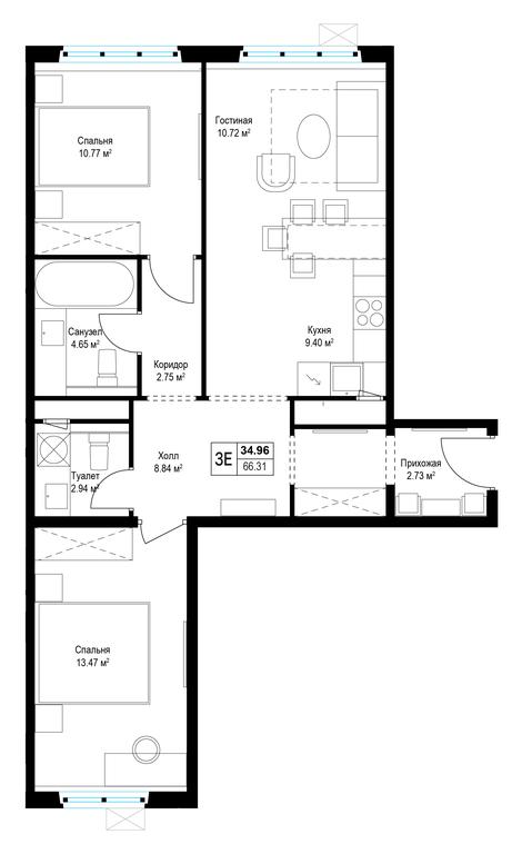 2-BD Apartment Sale, 66.1平方米 at Eko Vidnoe 2.0, kvartal Tsentralny, 1, Kupelinka Subdistrict, derevnya Sapronovo, Leninskiy City District, Moscow Region, Russia #1