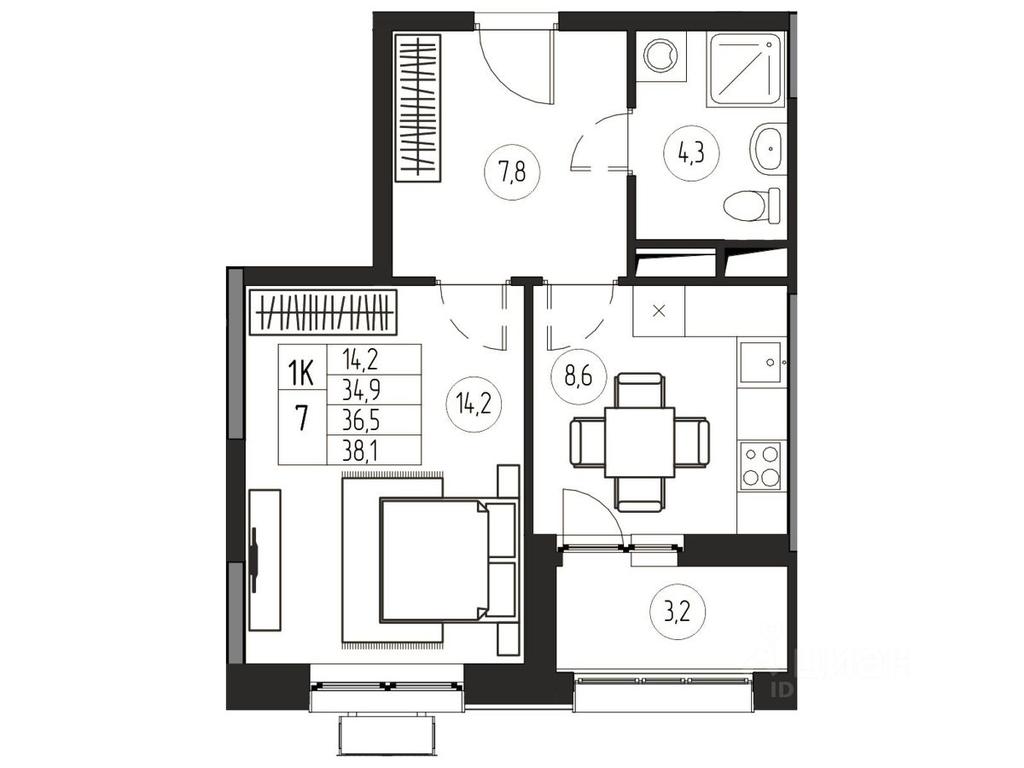 Apartment Sale, 36.5平方米 at Premium, ulitsa Turgeneva, Pushkino, Moscow Region, Russia #1