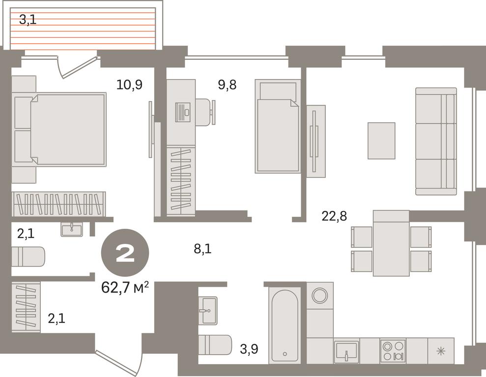 2-BD Apartment Sale, 62.7 sq. m. at Pervy kvartal, Kalinovaya ulitsa, derevnya Sapronovo, Leninskiy City District, Moscow Region, Russia #1