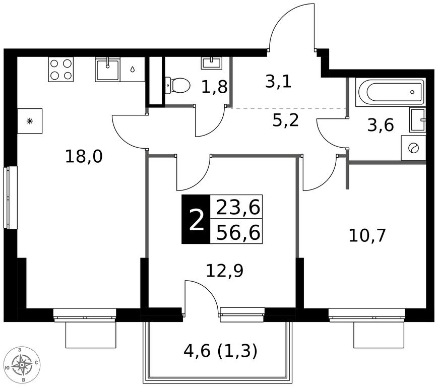 2-BD Apartment Sale, 56.6 sq. m. at 1 Izmajlovskij, Montazhnaya Street, 8с13, Moscow, Russia #1