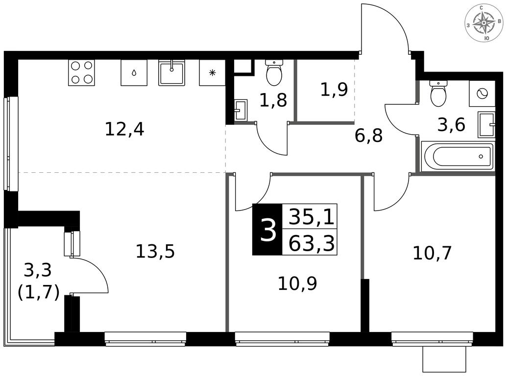 3-BD Apartment Sale, 63.3 sq. m. at 1 Izmajlovskij, Montazhnaya Street, 8с13, Moscow, Russia #1 3-BD Apartment Sale, 63.3 sq. m. at 1 Izmajlovskij, Montazhnaya Street, 8с13, Moscow, Russia #1
