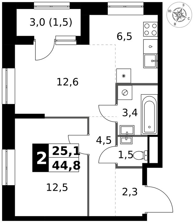 2-BD Apartment Sale, 44.8 sq. m. at 1 Izmajlovskij, Montazhnaya Street, 8с13, Moscow, Russia #1