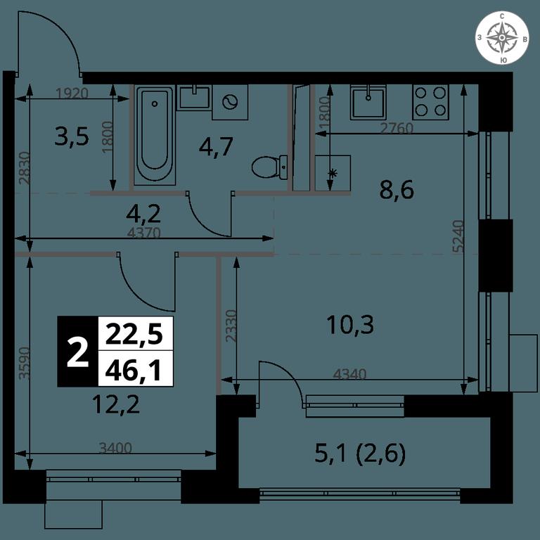2-BD Apartment Sale, 46.1 sq. m. at 1-y Salarevskiy, Kiyevskoye Highway, Moskovskiy Settlement, Moscow, Russia #2