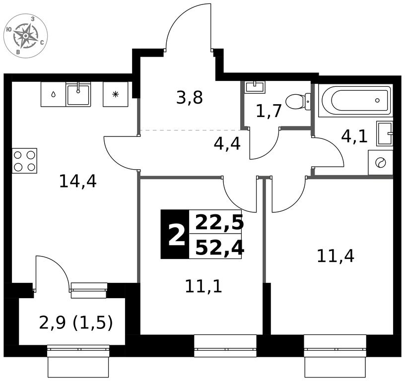 2-BD Apartment Sale, 52.4 sq. m. at 1 Izmajlovskij, Montazhnaya Street, 8с13, Moscow, Russia #1