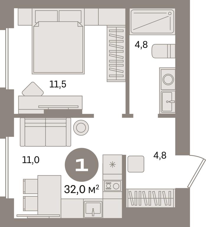 1-BD Apartment Sale, 32 sq. m. at Pervy kvartal, Kalinovaya ulitsa, derevnya Sapronovo, Leninskiy City District, Moscow Region, Russia #1