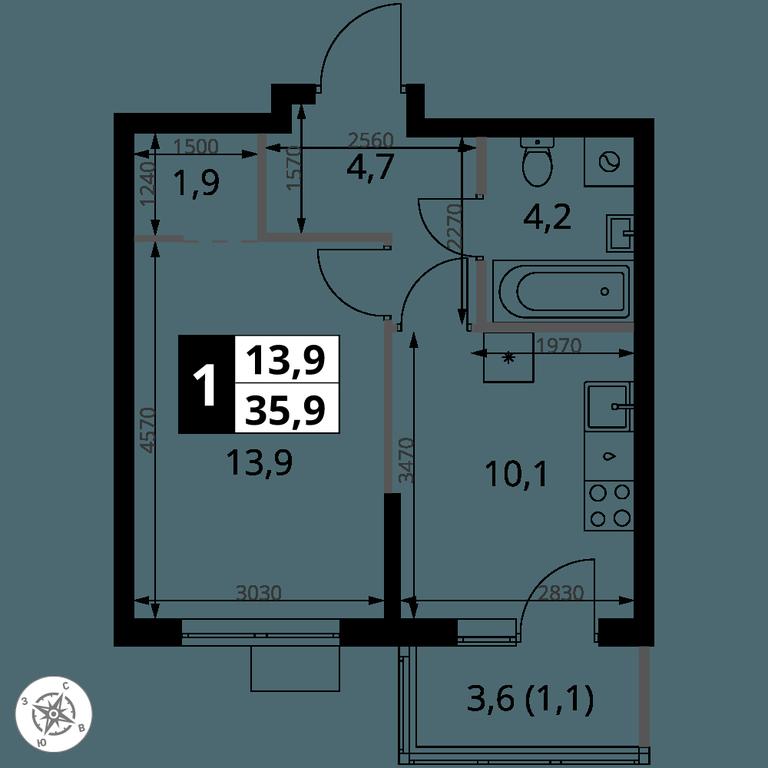 1-BD Apartment Sale, 35.9平方米 at 1 Yasenevskij, Kvartal № 24, Mosrentgen Settlement, Moscow, Russia #1