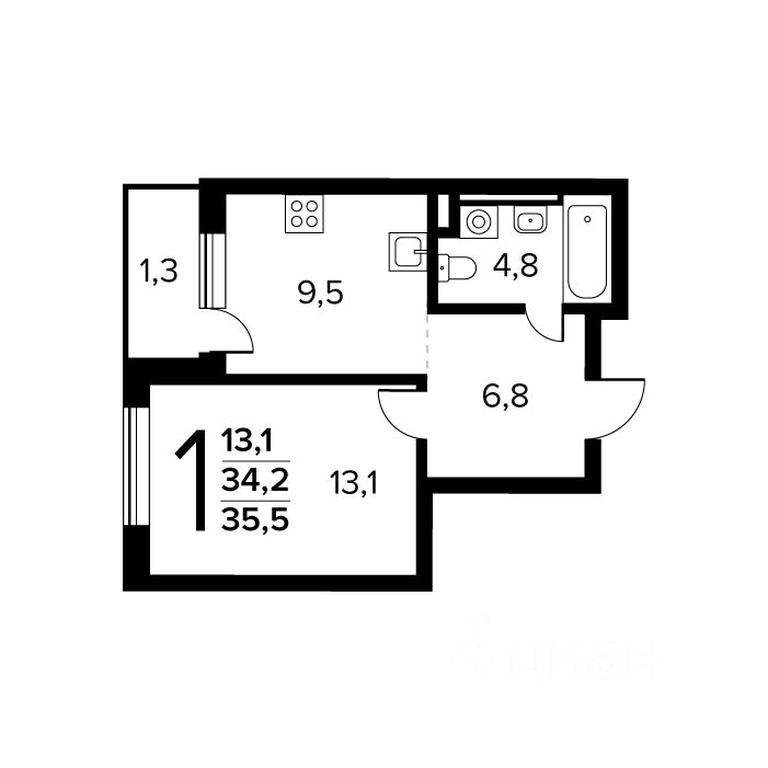 Apartment Sale, 35.5平方米 at Novye Vatutinki. Kvartal u vody, mikrorayon Zarechny, zhiloy rayon Novyye Vatutinki, Troitsk District, Moscow, Russia #1