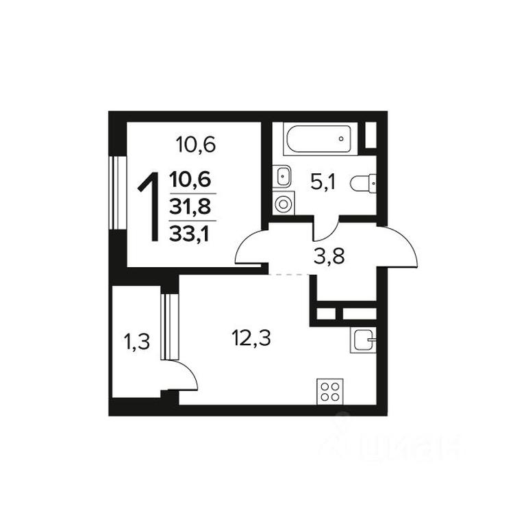 Apartment Sale, 33.1平方米 at Novye Vatutinki. Kvartal u vody, mikrorayon Zarechny, zhiloy rayon Novyye Vatutinki, Troitsk District, Moscow, Russia #1