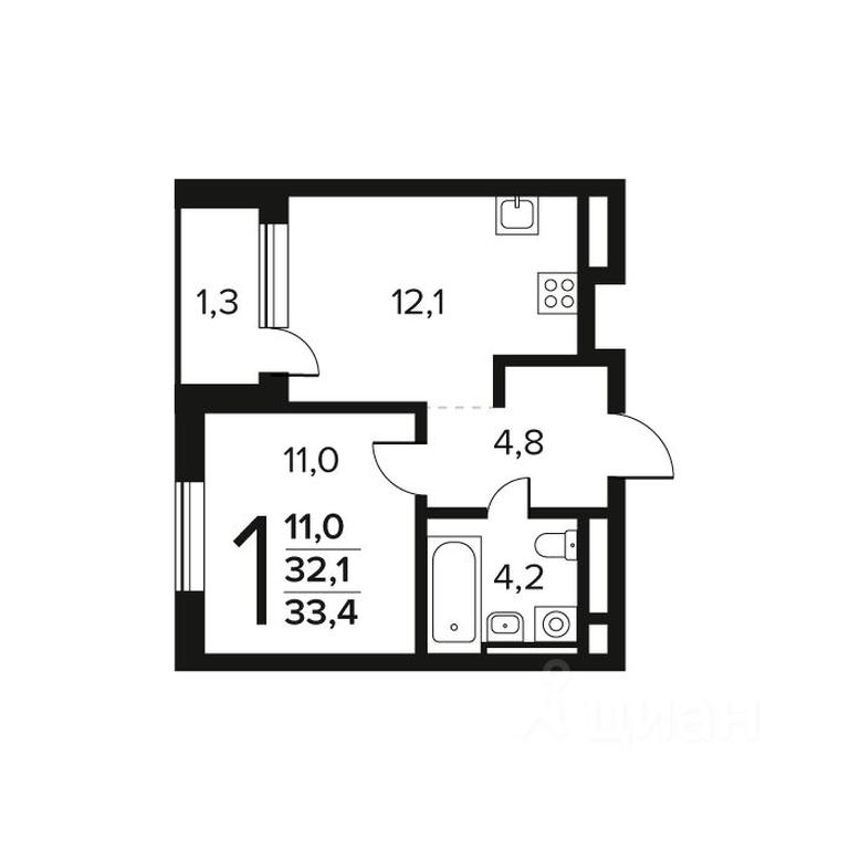 Apartment Sale, 33.4平方米 at Novye Vatutinki. Kvartal u vody, mikrorayon Zarechny, zhiloy rayon Novyye Vatutinki, Troitsk District, Moscow, Russia #1