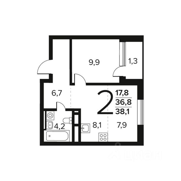 1-BD Apartment Sale, 38.1 sq. m. at Novye Vatutinki. Kvartal u vody, mikrorayon Zarechny, zhiloy rayon Novyye Vatutinki, Troitsk District, Moscow, Russia #1