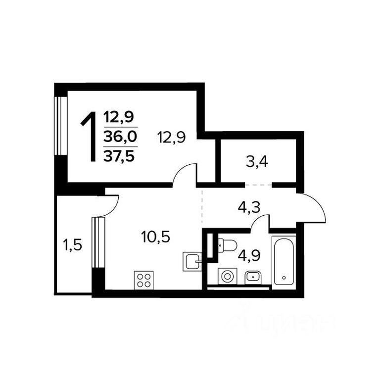Apartment Sale, 37.5 sq. m. at Novye Vatutinki. Kvartal u vody, mikrorayon Zarechny, zhiloy rayon Novyye Vatutinki, Troitsk District, Moscow, Russia #1