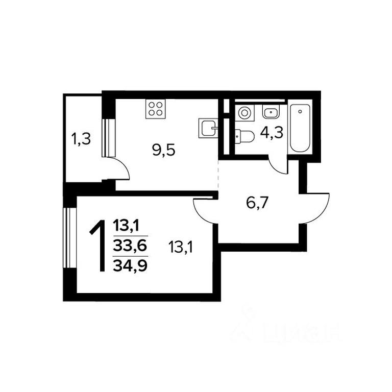Apartment Sale, 34.9 sq. m. at Novye Vatutinki. Kvartal u vody, mikrorayon Zarechny, zhiloy rayon Novyye Vatutinki, Troitsk District, Moscow, Russia #1