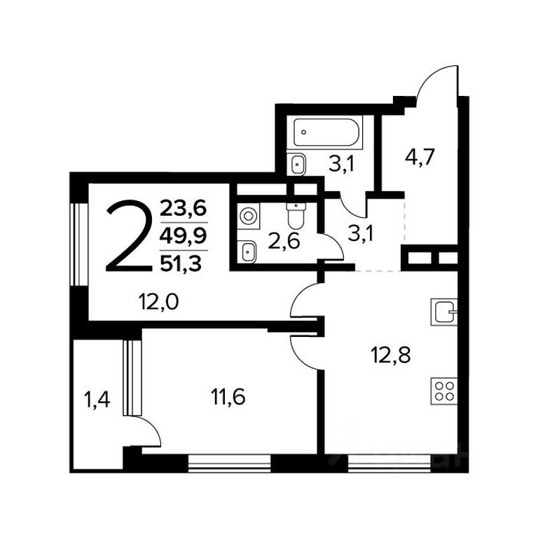 1-BD Apartment Sale, 51.3 sq. m. at Novye Vatutinki. Kvartal u vody, mikrorayon Zarechny, zhiloy rayon Novyye Vatutinki, Troitsk District, Moscow, Russia #1