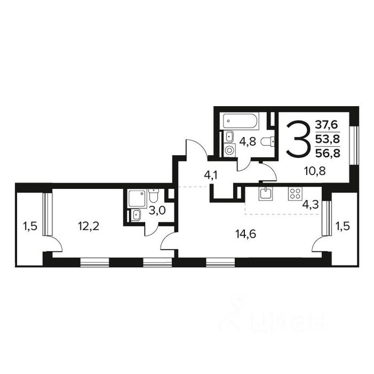 2-BD Apartment Sale, 56.8 sq. m. at Novye Vatutinki. Kvartal u vody, mikrorayon Zarechny, zhiloy rayon Novyye Vatutinki, Troitsk District, Moscow, Russia #1