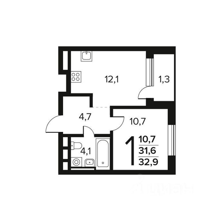 Apartment Sale, 32.9 sq. m. at Novye Vatutinki. Kvartal u vody, mikrorayon Zarechny, zhiloy rayon Novyye Vatutinki, Troitsk District, Moscow, Russia #1