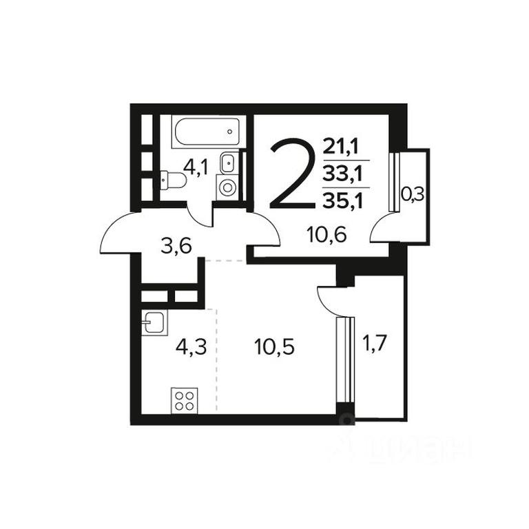 1-BD Apartment Sale, 35.1 sq. m. at Novye Vatutinki. Kvartal u vody, mikrorayon Zarechny, zhiloy rayon Novyye Vatutinki, Troitsk District, Moscow, Russia #1