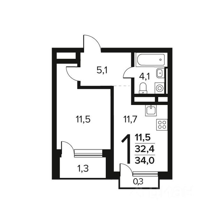 Apartment Sale, 34 sq. m. at Novye Vatutinki. Kvartal u vody, mikrorayon Zarechny, zhiloy rayon Novyye Vatutinki, Troitsk District, Moscow, Russia #1