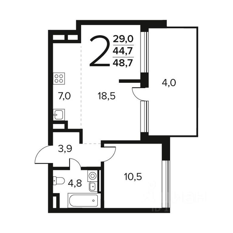 1-BD Apartment Sale, 48.7 sq. m. at Novye Vatutinki. Kvartal u vody, mikrorayon Zarechny, zhiloy rayon Novyye Vatutinki, Troitsk District, Moscow, Russia #1