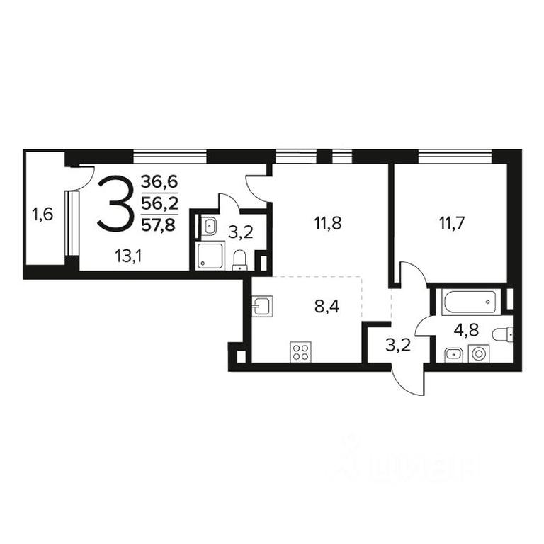 2-BD Apartment Sale, 57.8 sq. m. at Novye Vatutinki. Kvartal u vody, mikrorayon Zarechny, zhiloy rayon Novyye Vatutinki, Troitsk District, Moscow, Russia #1